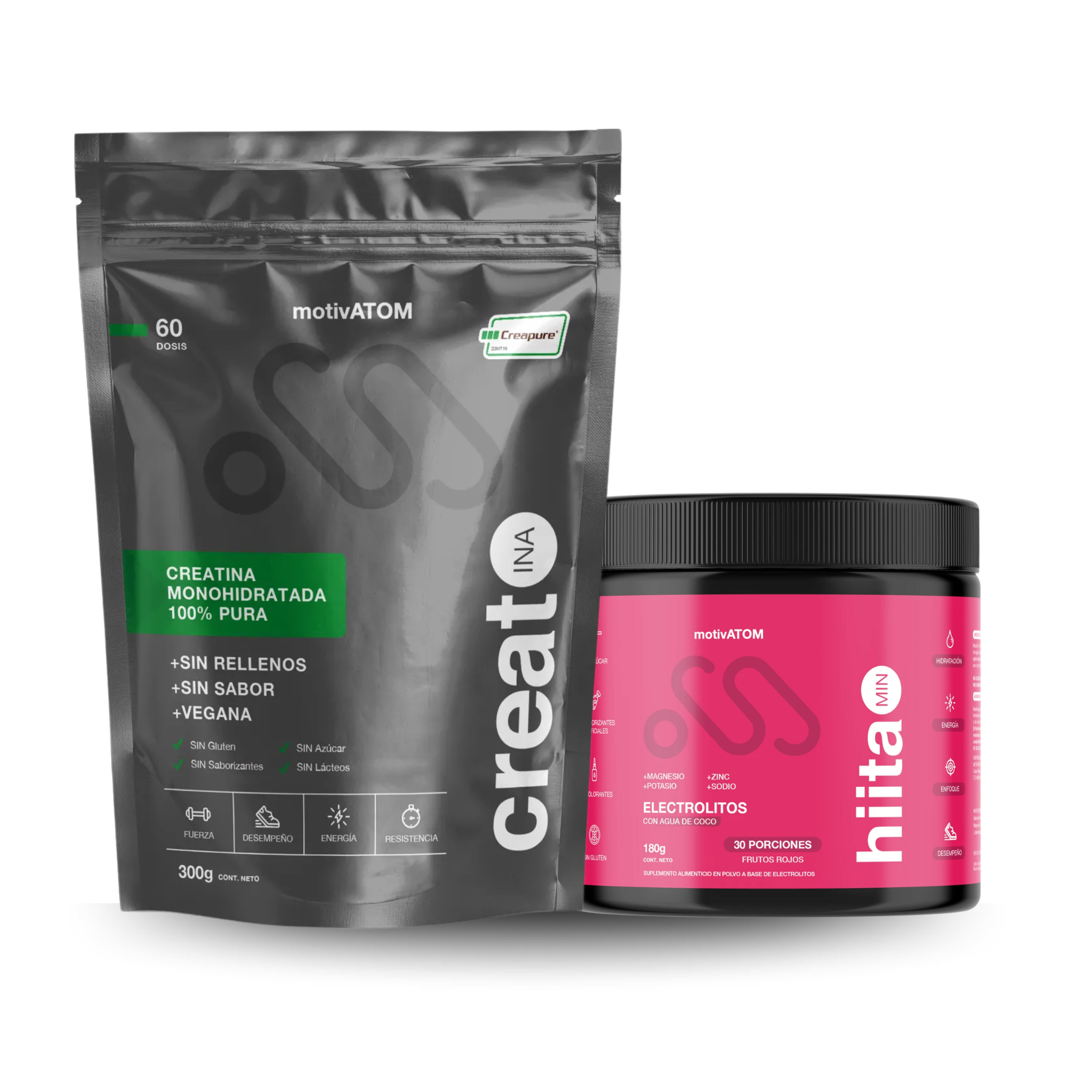 Power Kit, contiene Creatina 300g 100% pura + hiitaMIN Electrolitos con agua de coco 180g
