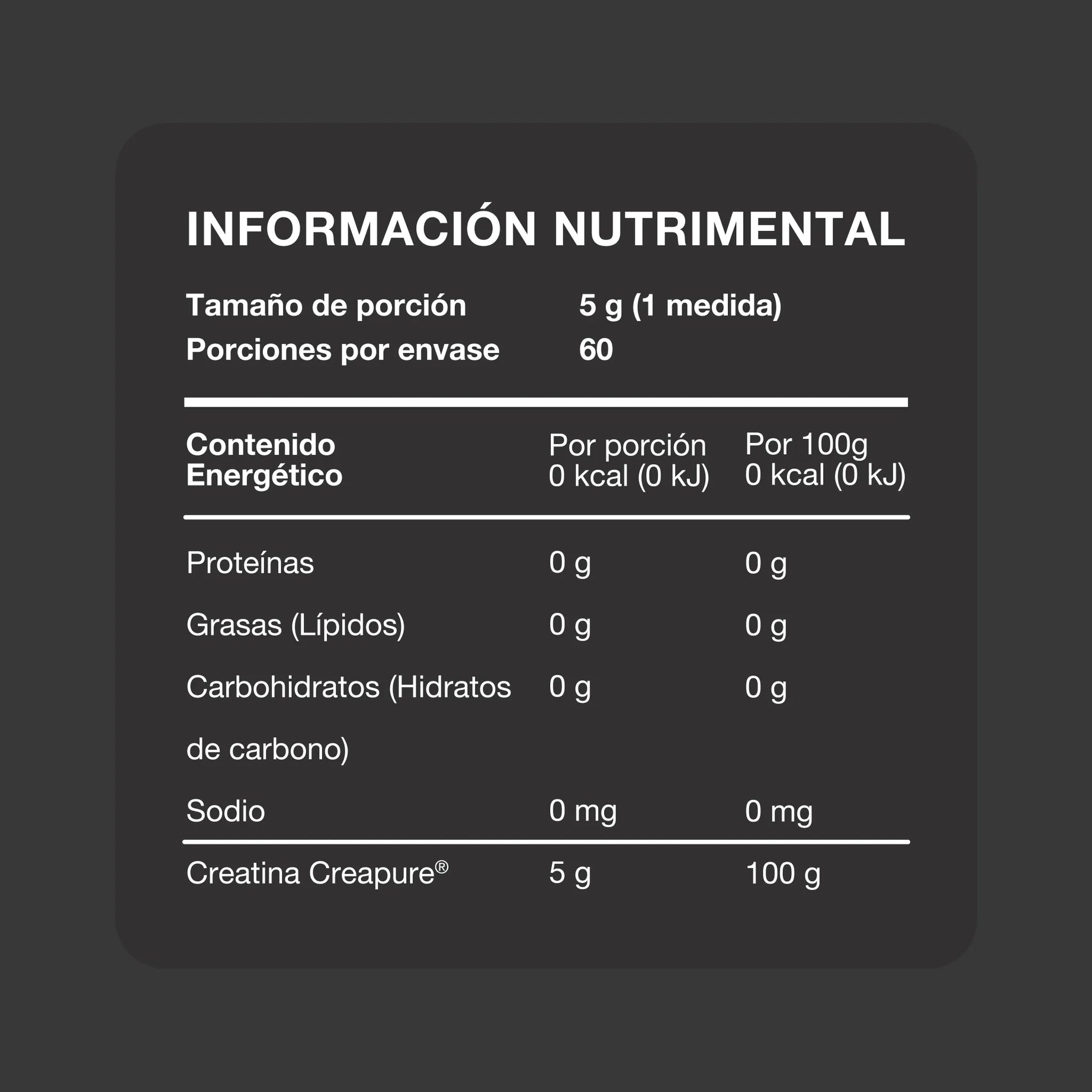 Tabla nutrimental. Creatina mayor fuerza y mejor recuperación, presentación de 300g, contiene creatina monohidratada 100%pura