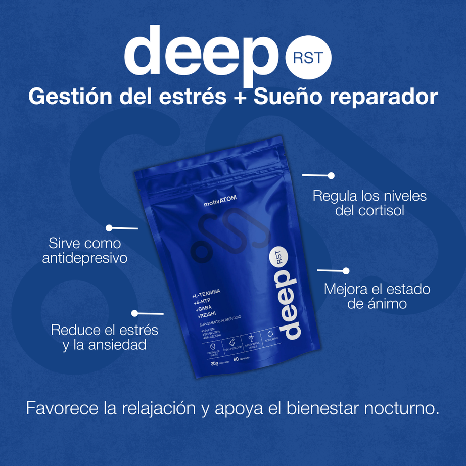 Deep rst para gestión de estrés y sueño reparador presentación de 30g, contiene L-teanina, 5-HTP, Gaba y Reishi