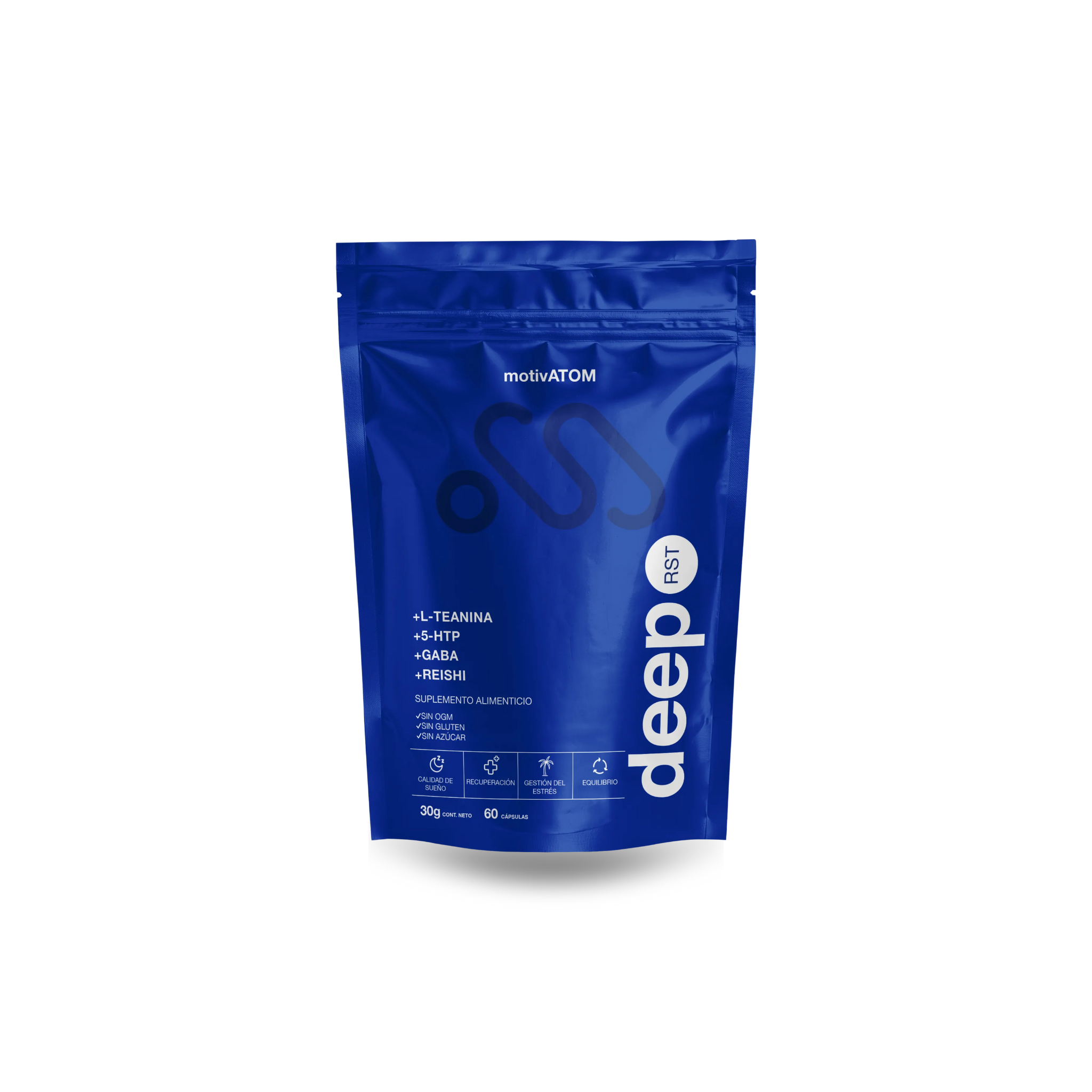 DeepRST para gestión de estrés y sueño reparador presentación de 30g, contiene L-teanina, 5-HTP, Gaba y Reishi