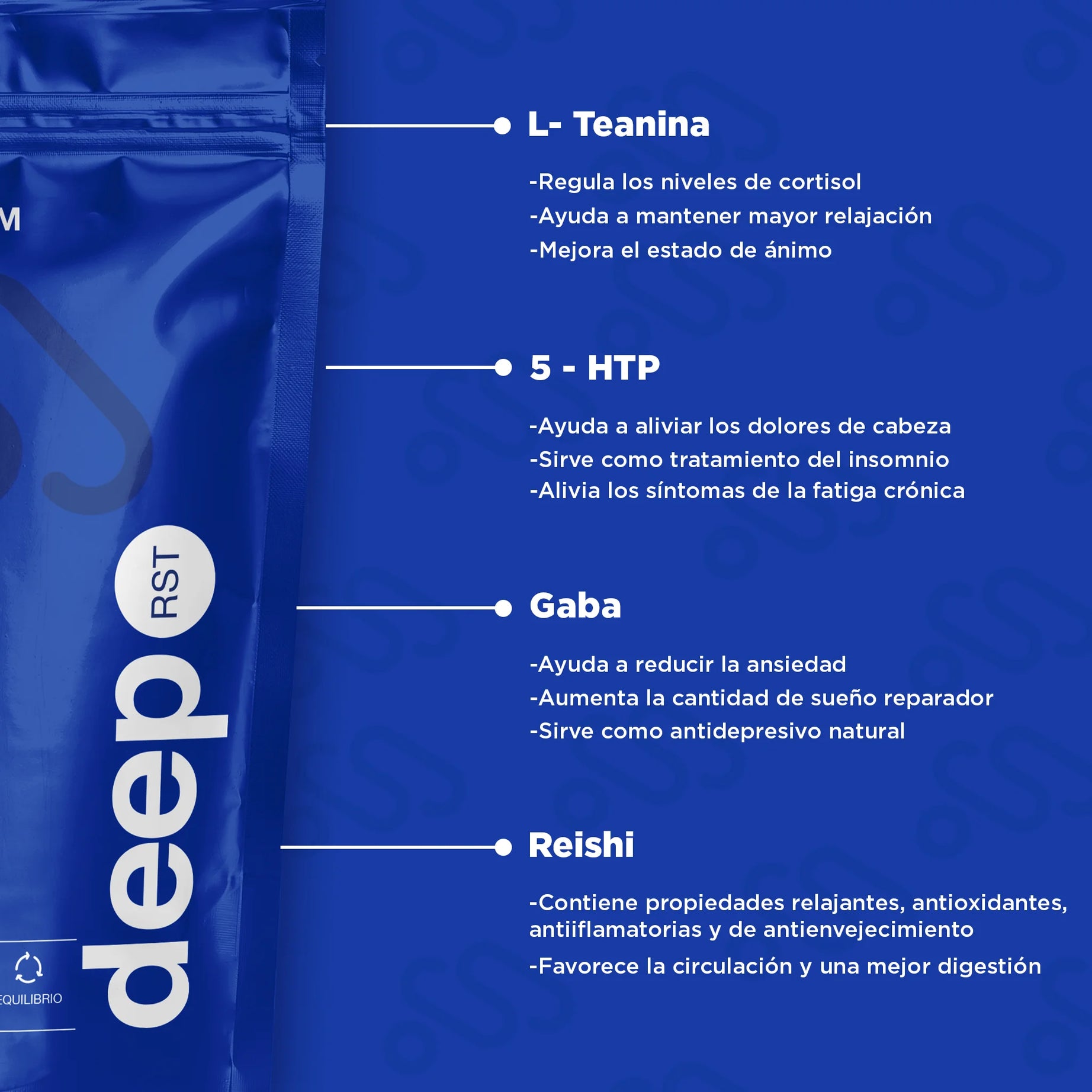 DeepRST para gestión de estrés y sueño reparador presentación de 30g, contiene L-teanina, 5-HTP, Gaba y Reishi