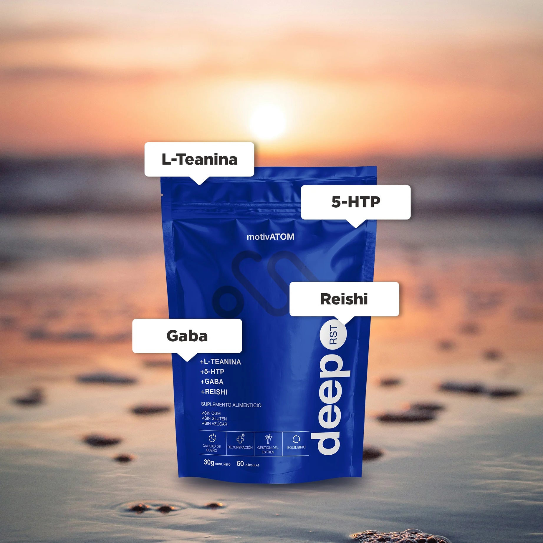 DeepRST para gestión de estrés y sueño reparador presentación de 30g, contiene L-teanina, 5-HTP, Gaba y Reishi