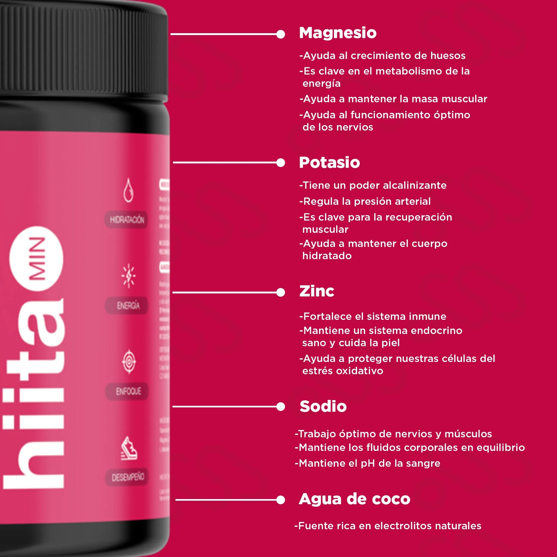 hiitaMIN con agua de coco, magnesio, potasio, zinc y sodio, nuestra fórmula hiitaMIN ofrece una hidratación revitalizante.