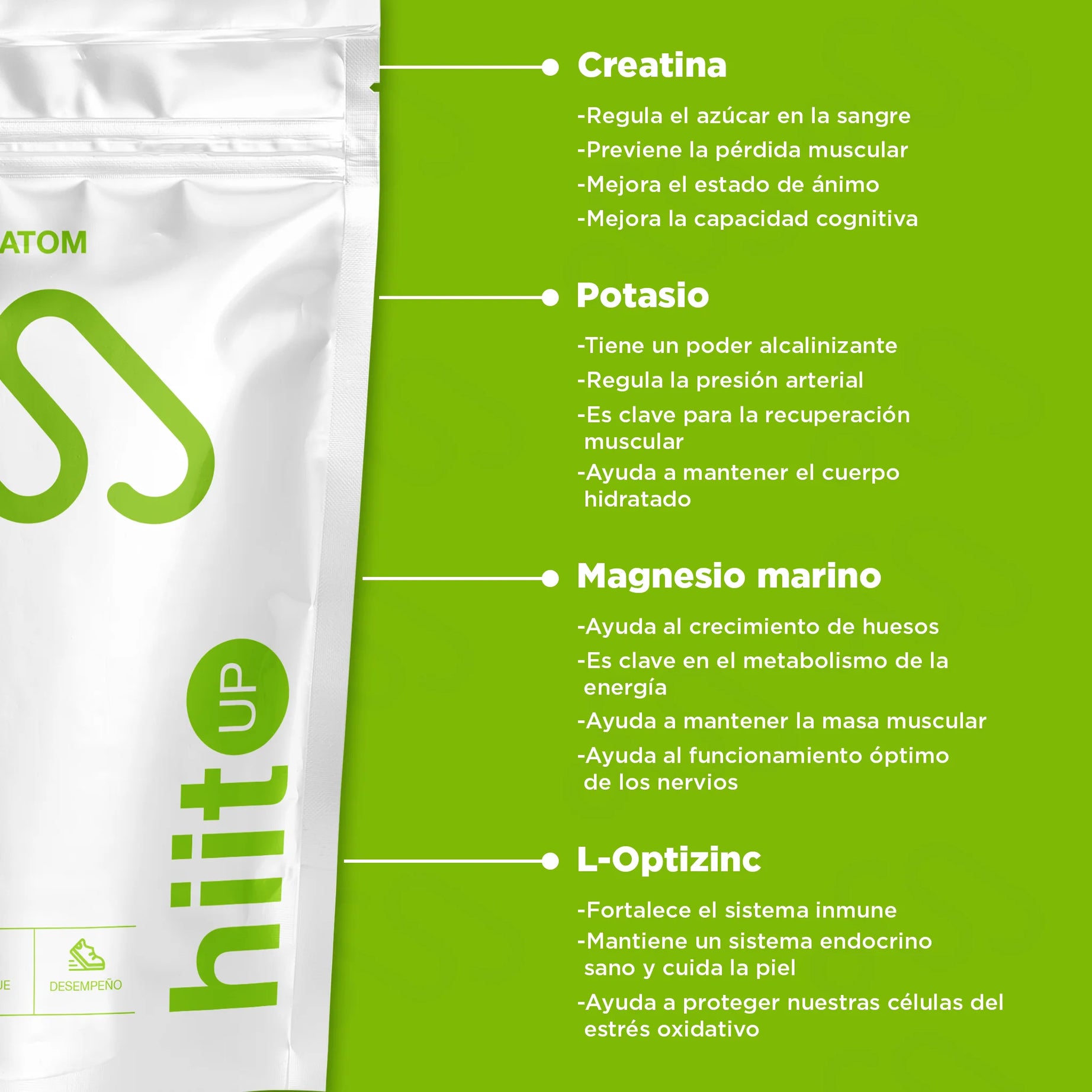 Electrolitos con creatina, magnesio marino, potasio, L-optizinc. Hidratación adecuada para obtener un mejor rendimiento, mayor energía y enfoque. 300g