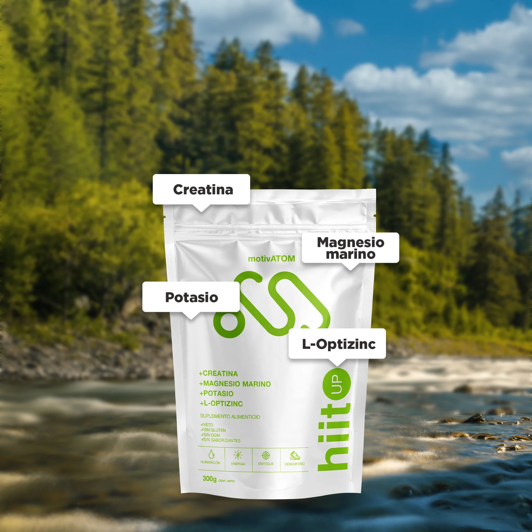 Electrolitos con creatina, magnesio marino, potasio, L-optizinc. Hidratación adecuada para obtener un mejor rendimiento, mayor energía y enfoque. 300g