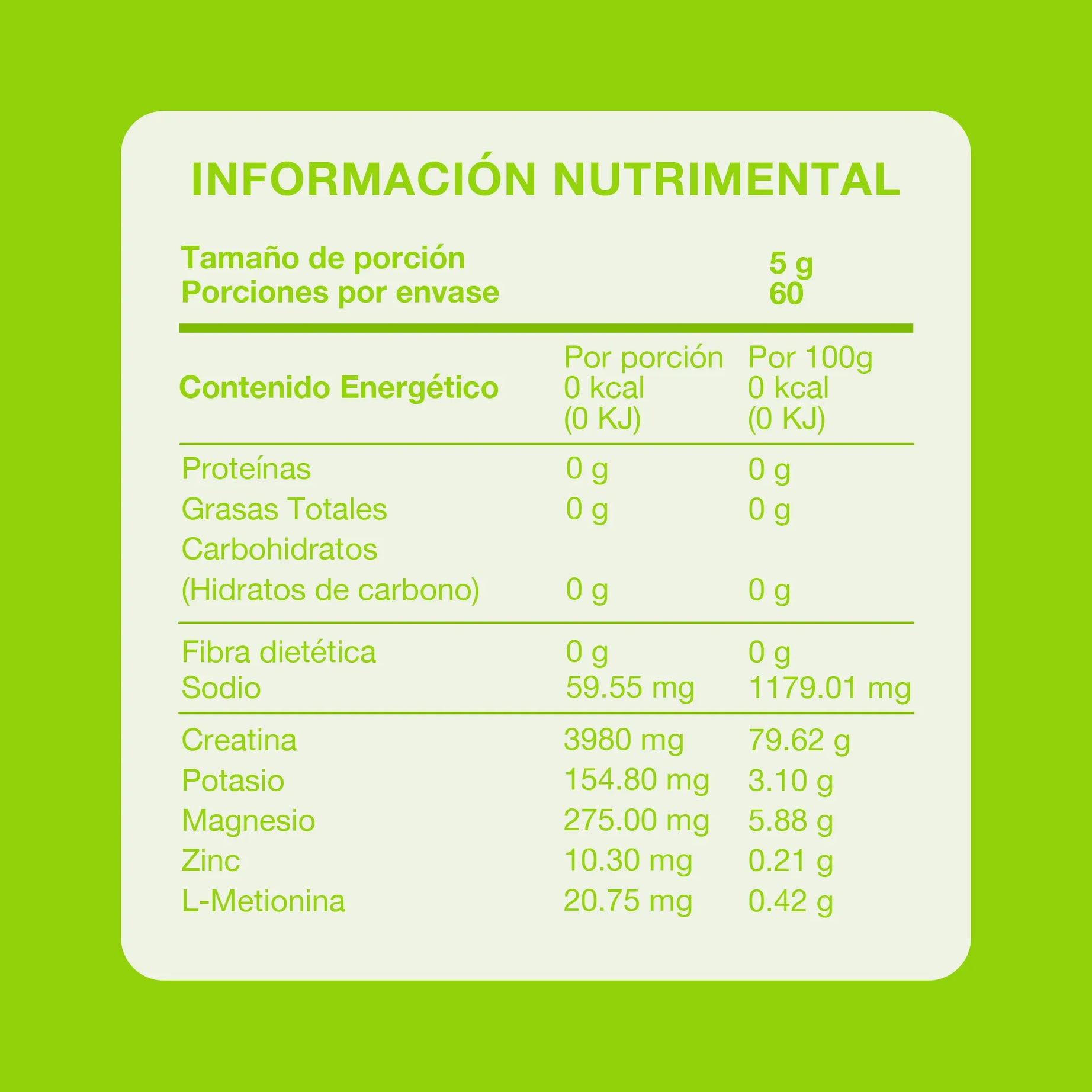 Tabla nutrimental-Electrolitos con creatina, magnesio marino, potasio, L-optizinc.